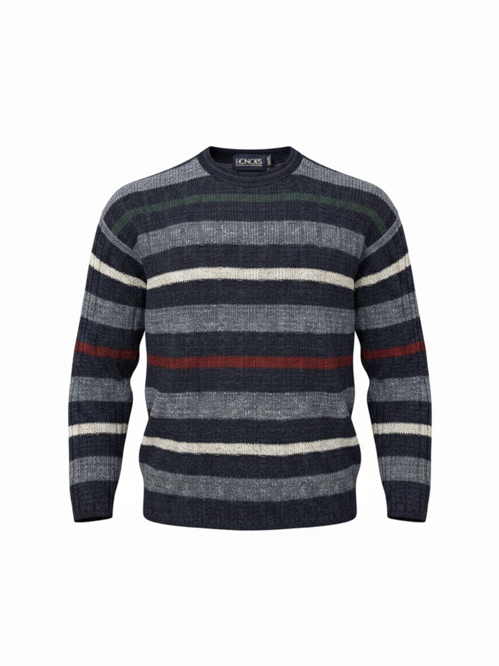 Honors Striped Crewneck Sweater, Navy with Green & Red Accents, Large